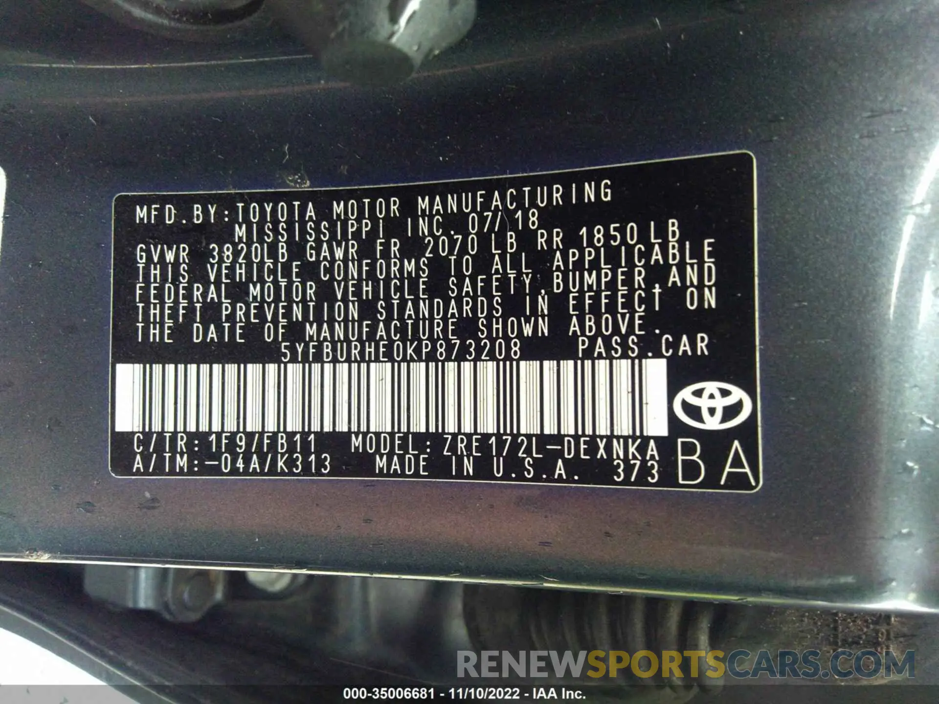9 Photograph of a damaged car 5YFBURHE0KP873208 TOYOTA COROLLA 2019