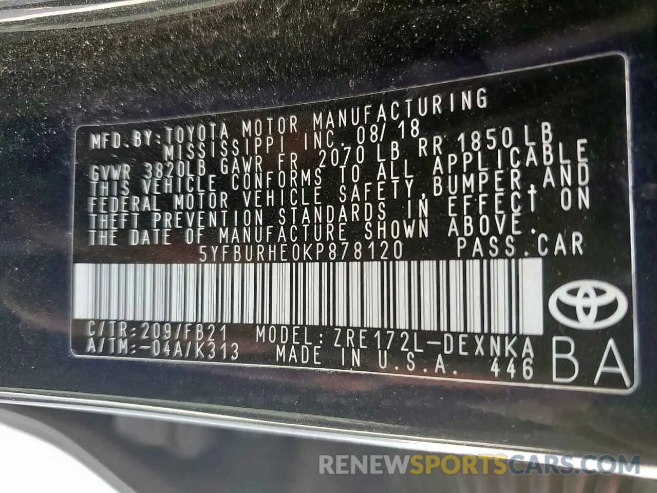 12 Photograph of a damaged car 5YFBURHE0KP878120 TOYOTA COROLLA 2019