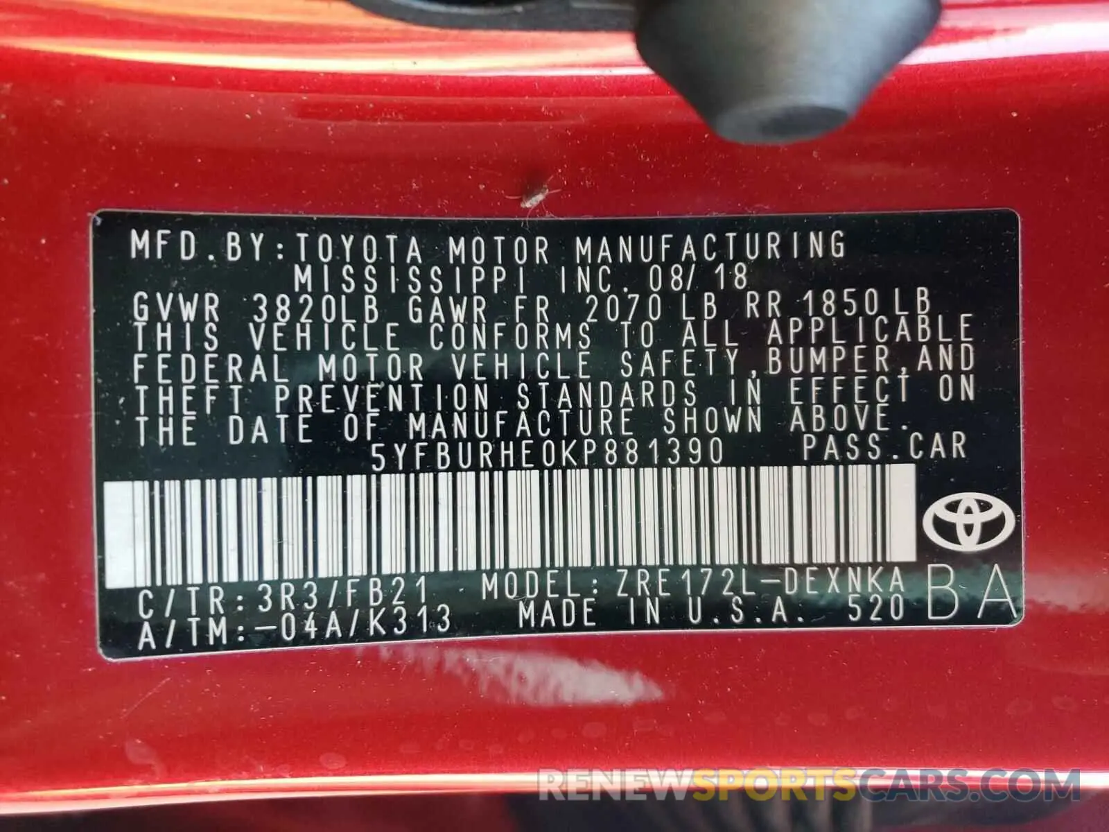 10 Photograph of a damaged car 5YFBURHE0KP881390 TOYOTA COROLLA 2019