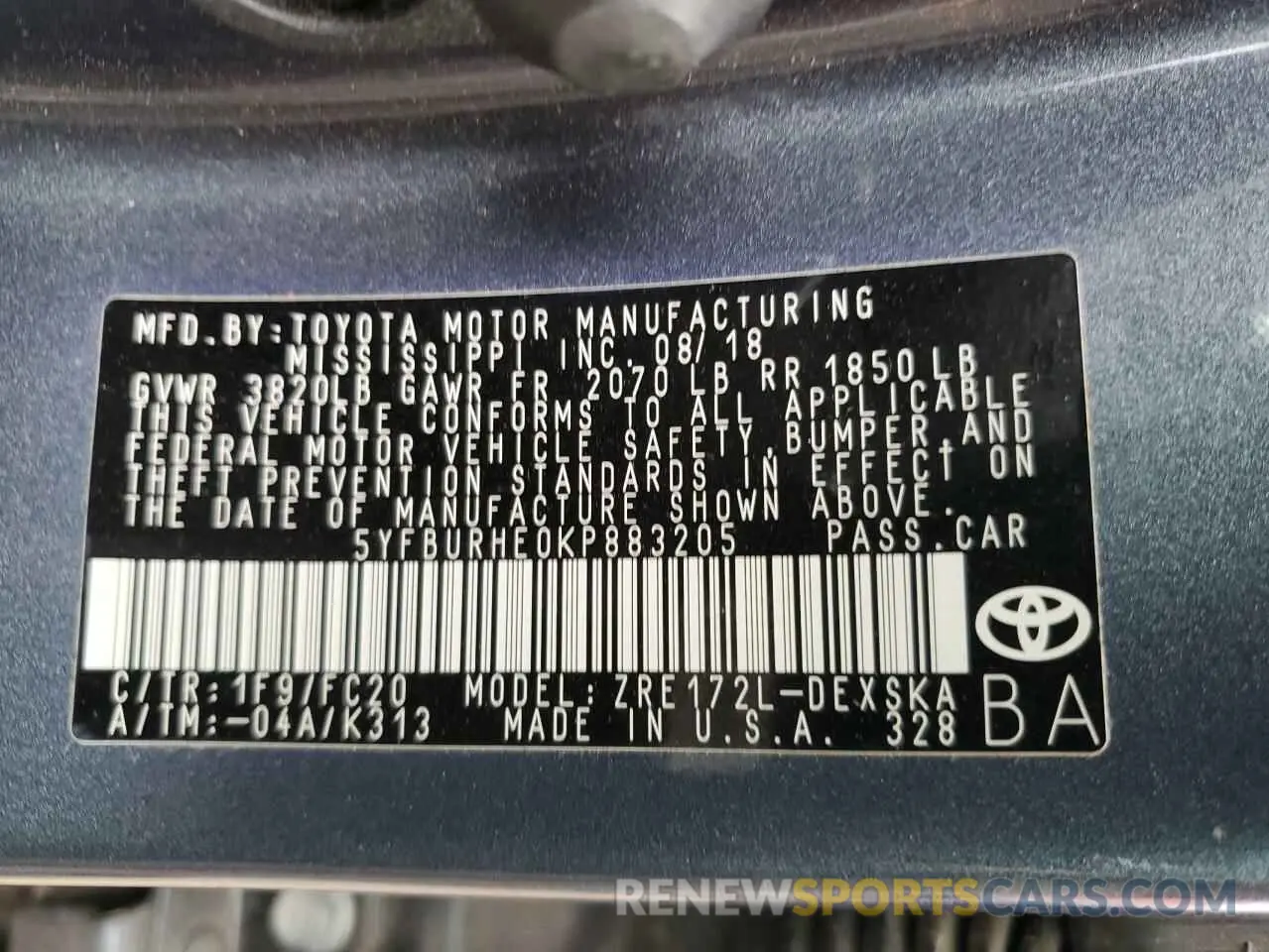 12 Photograph of a damaged car 5YFBURHE0KP883205 TOYOTA COROLLA 2019