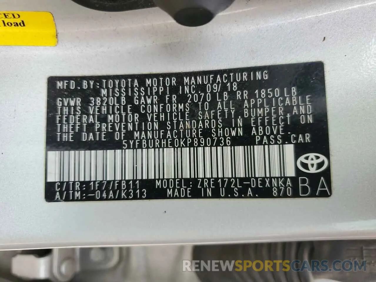 12 Photograph of a damaged car 5YFBURHE0KP890736 TOYOTA COROLLA 2019