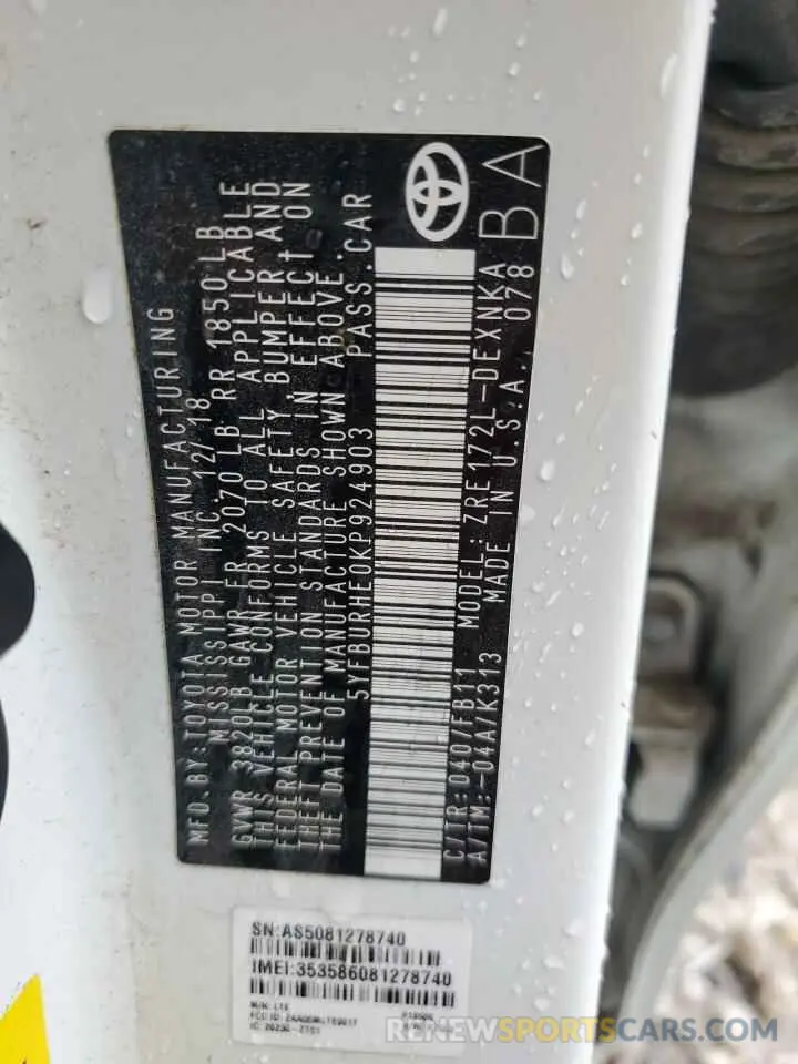 13 Photograph of a damaged car 5YFBURHE0KP924903 TOYOTA COROLLA 2019