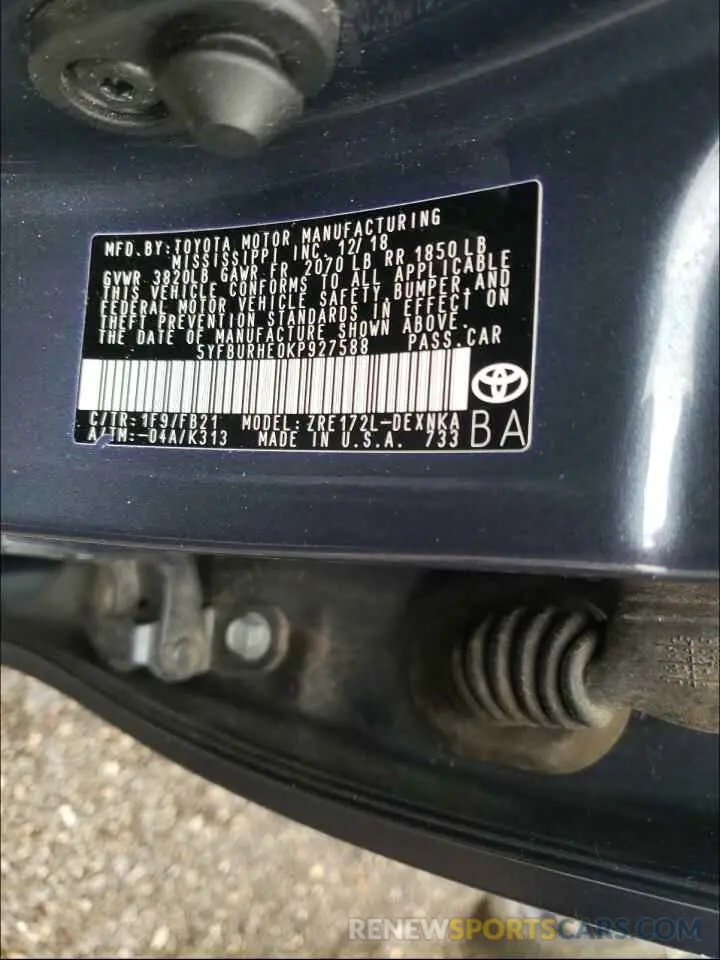 10 Photograph of a damaged car 5YFBURHE0KP927588 TOYOTA COROLLA 2019