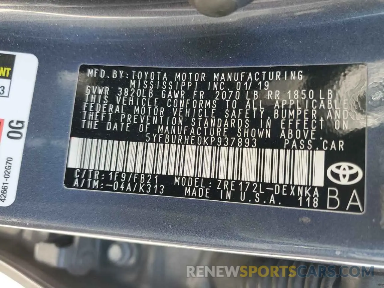 12 Photograph of a damaged car 5YFBURHE0KP937893 TOYOTA COROLLA 2019