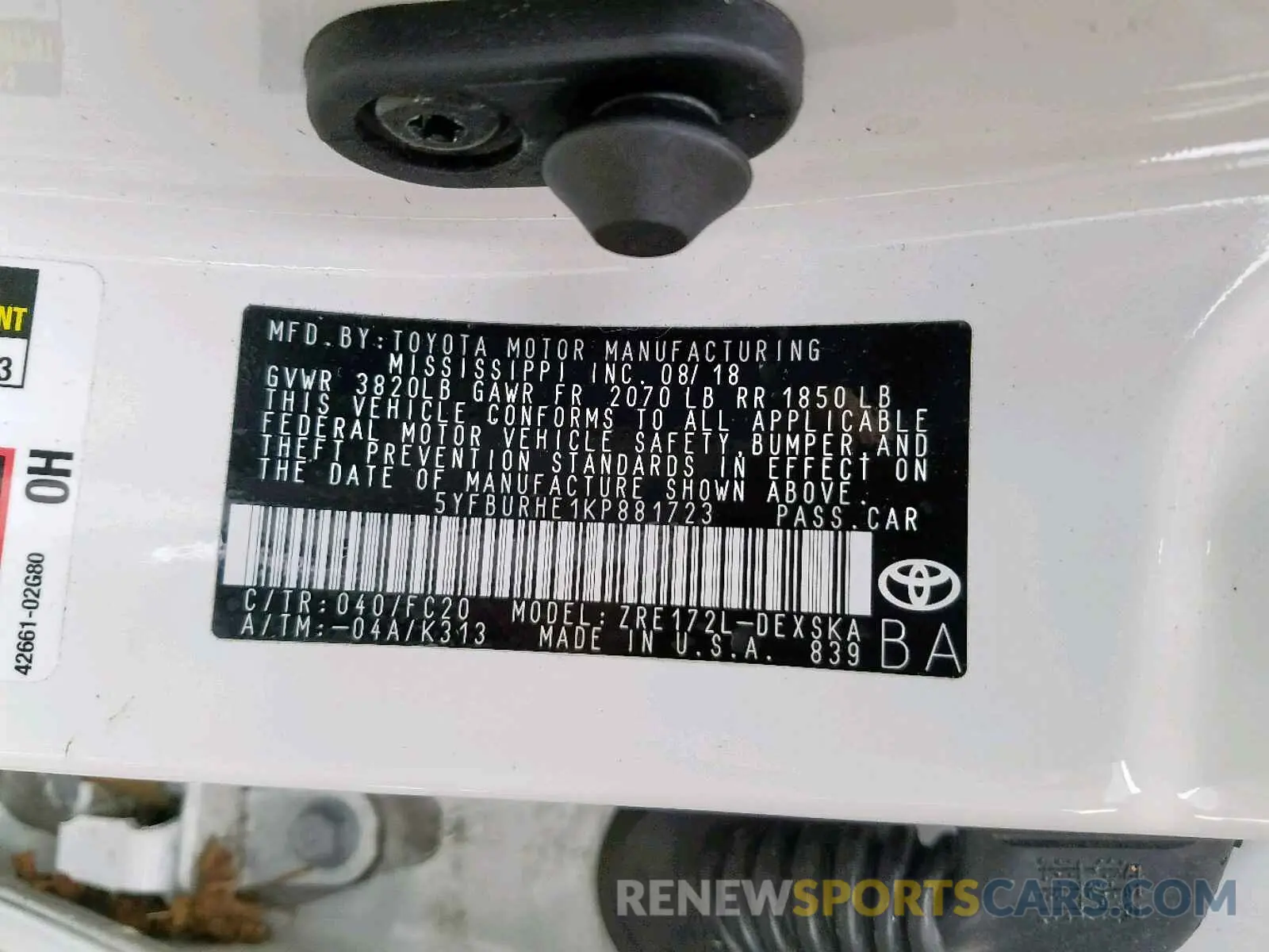 10 Photograph of a damaged car 5YFBURHE1KP881723 TOYOTA COROLLA 2019