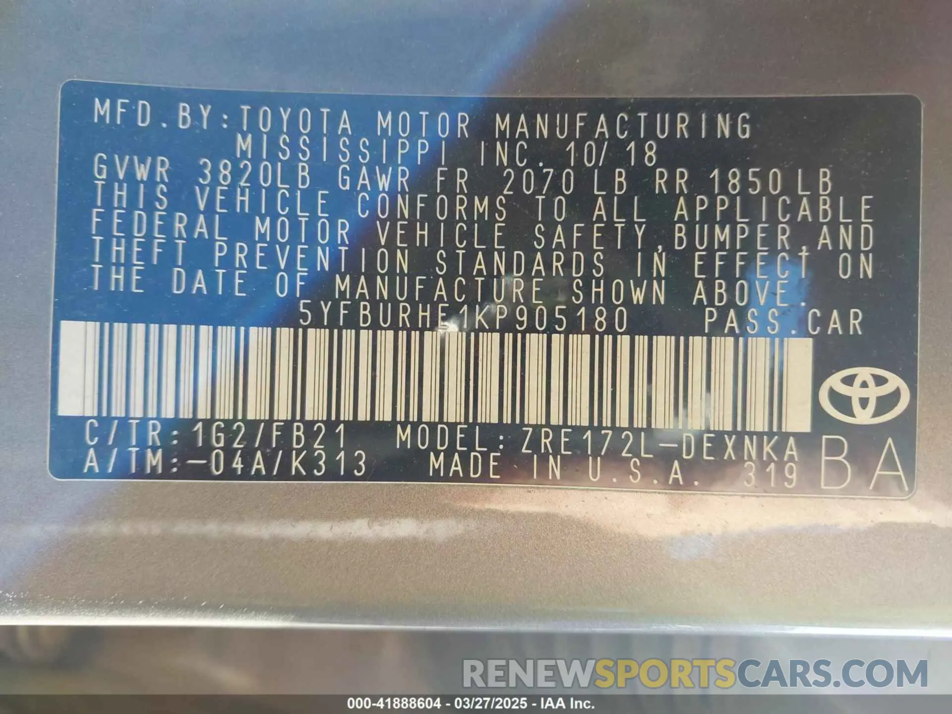 9 Photograph of a damaged car 5YFBURHE1KP905180 TOYOTA COROLLA 2019
