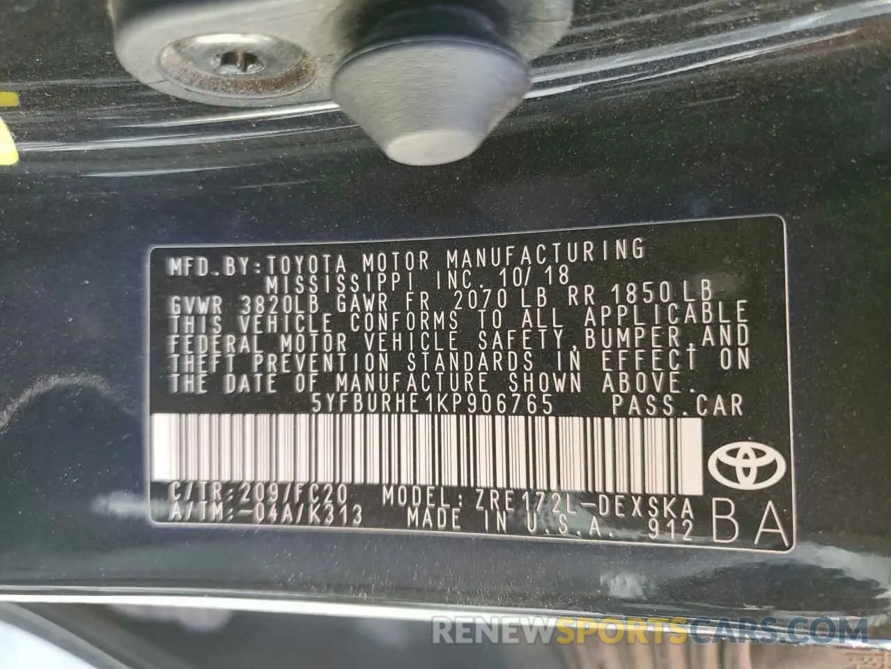 12 Photograph of a damaged car 5YFBURHE1KP906765 TOYOTA COROLLA 2019