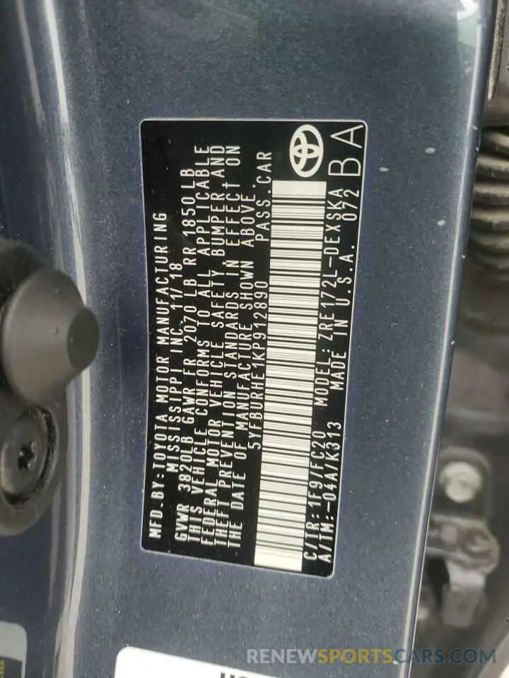 13 Photograph of a damaged car 5YFBURHE1KP912890 TOYOTA COROLLA 2019