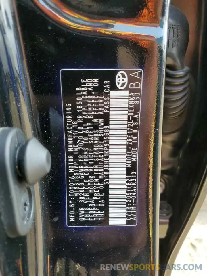 12 Photograph of a damaged car 5YFBURHE1KP915689 TOYOTA COROLLA 2019
