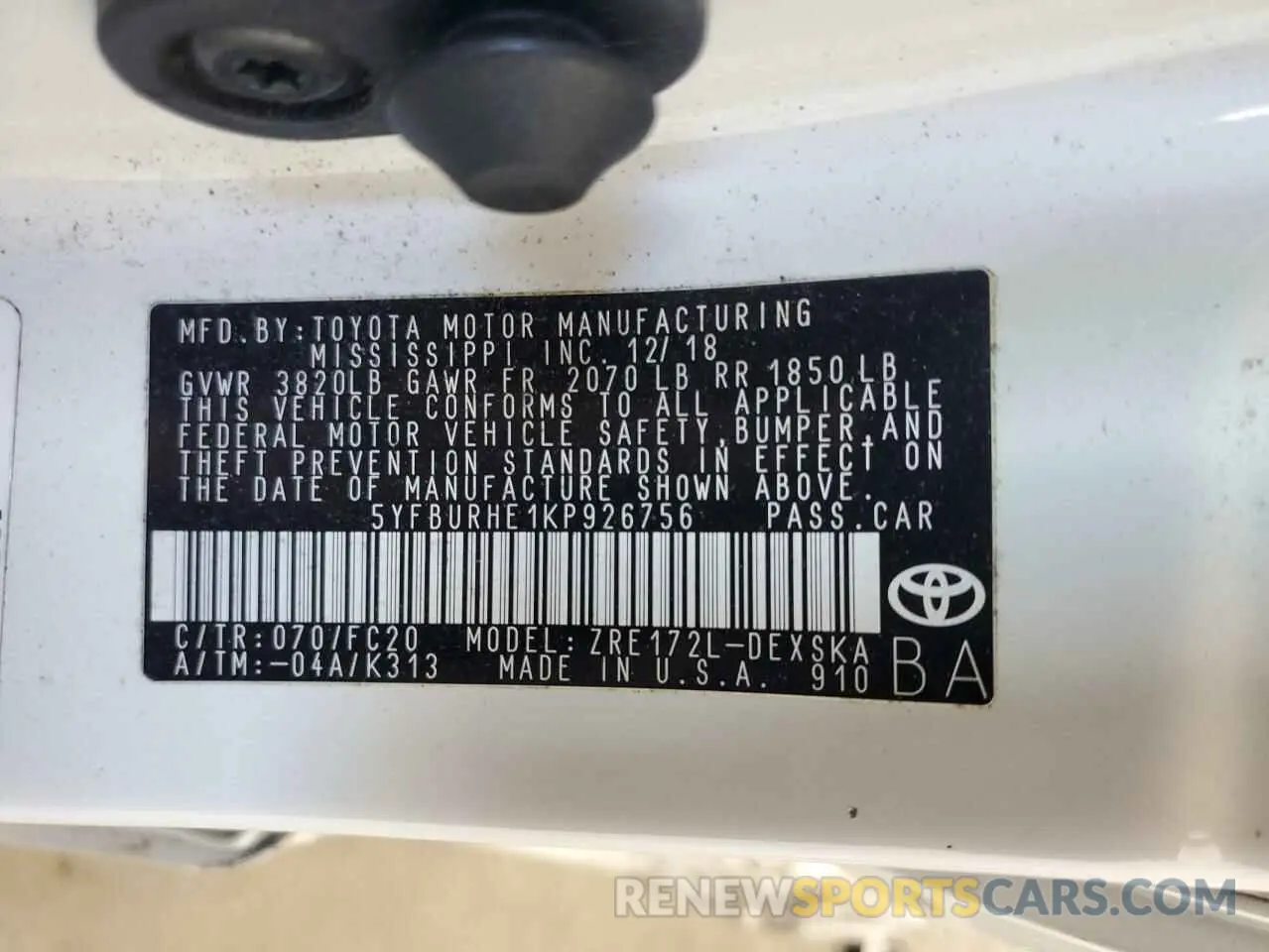 12 Photograph of a damaged car 5YFBURHE1KP926756 TOYOTA COROLLA 2019