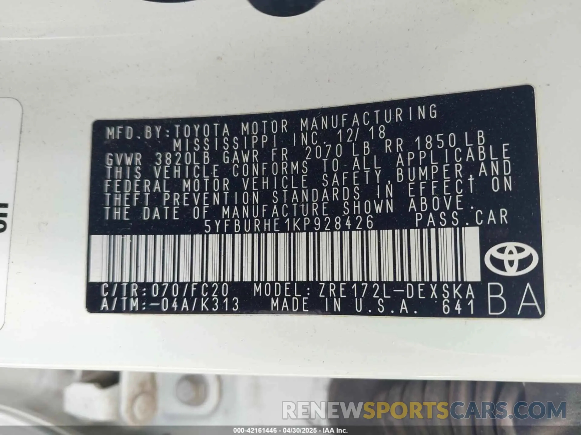9 Photograph of a damaged car 5YFBURHE1KP928426 TOYOTA COROLLA 2019