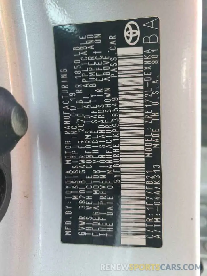 12 Photograph of a damaged car 5YFBURHE1KP938549 TOYOTA COROLLA 2019