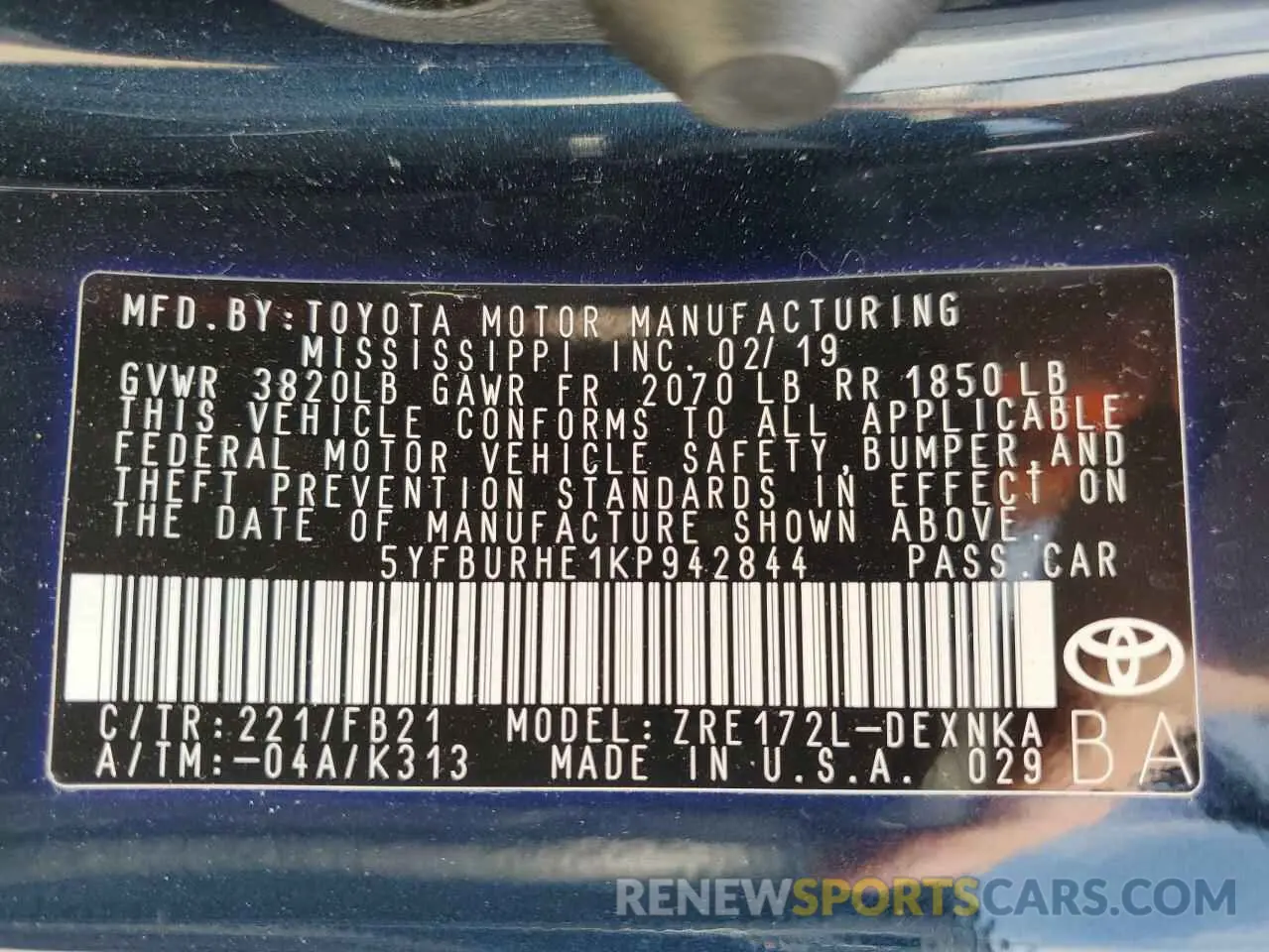 13 Photograph of a damaged car 5YFBURHE1KP942844 TOYOTA COROLLA 2019