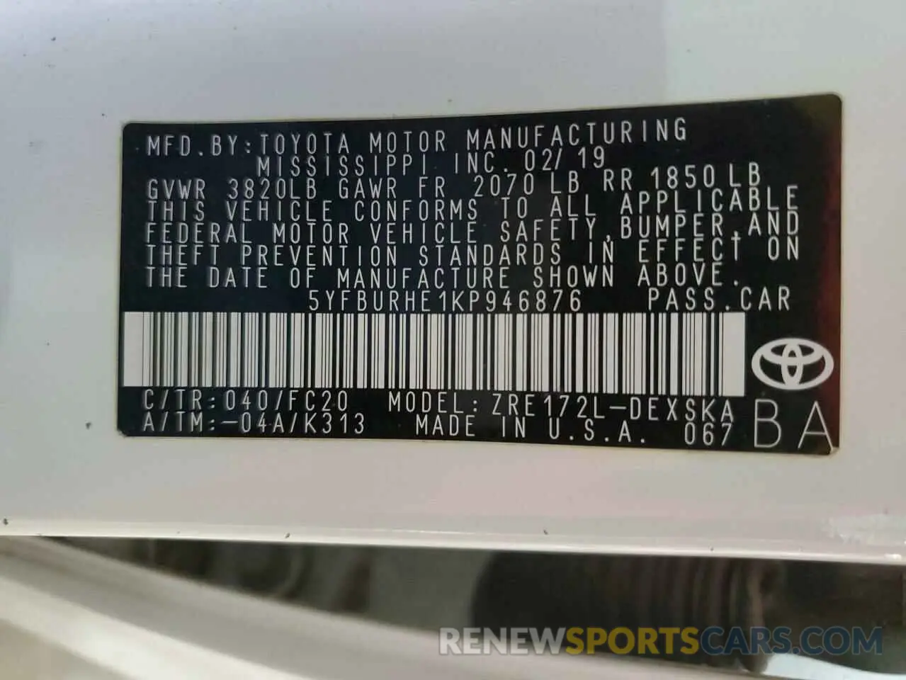 12 Photograph of a damaged car 5YFBURHE1KP946876 TOYOTA COROLLA 2019
