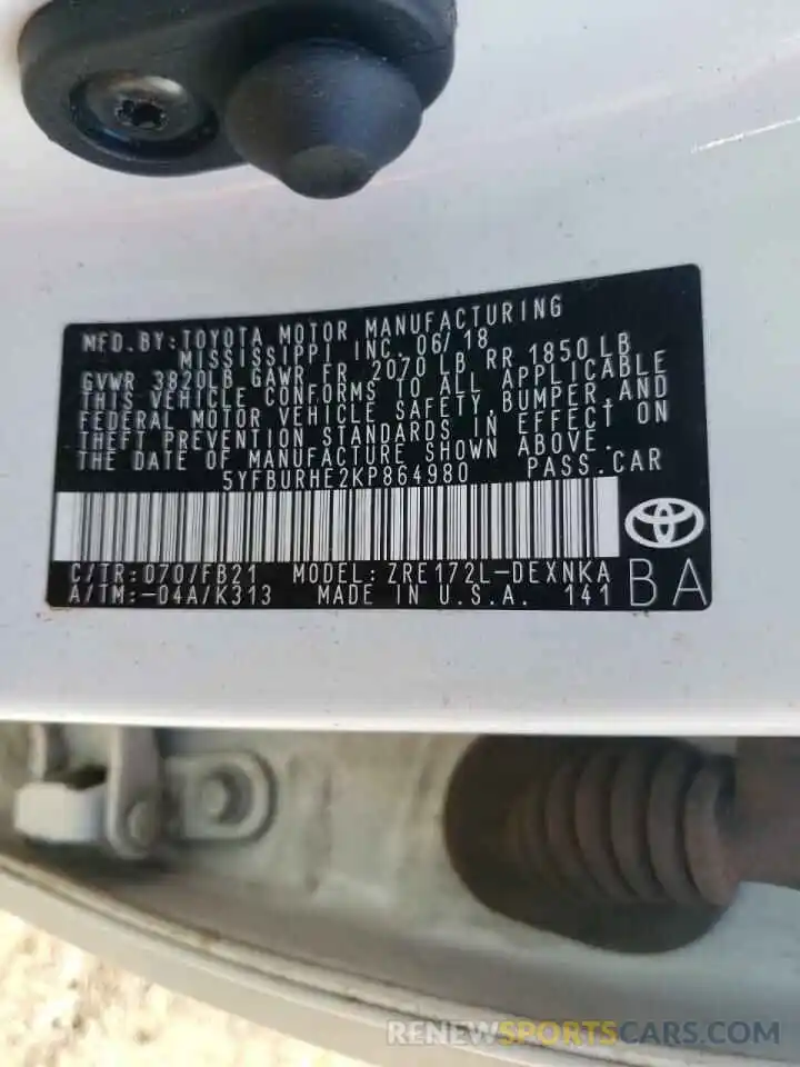 10 Photograph of a damaged car 5YFBURHE2KP864980 TOYOTA COROLLA 2019