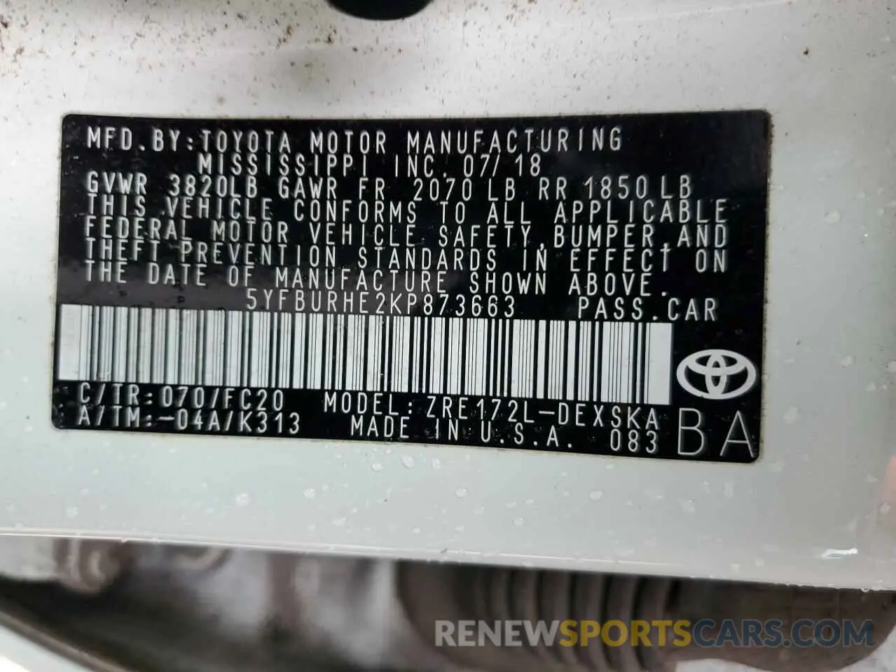 12 Photograph of a damaged car 5YFBURHE2KP873663 TOYOTA COROLLA 2019