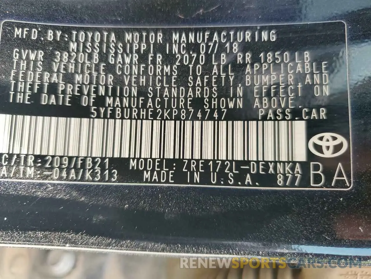 12 Photograph of a damaged car 5YFBURHE2KP874747 TOYOTA COROLLA 2019