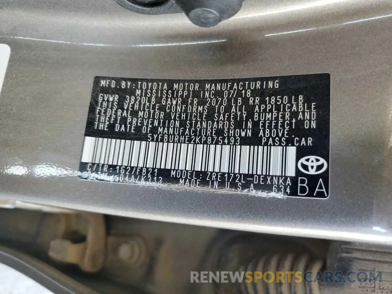 13 Photograph of a damaged car 5YFBURHE2KP875493 TOYOTA COROLLA 2019