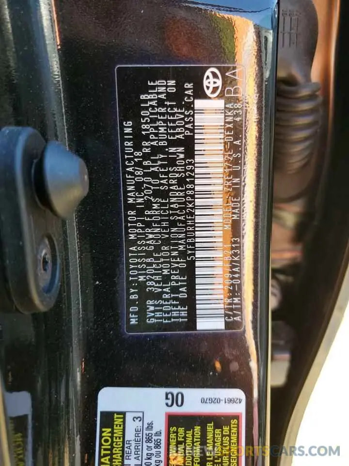 12 Photograph of a damaged car 5YFBURHE2KP881293 TOYOTA COROLLA 2019