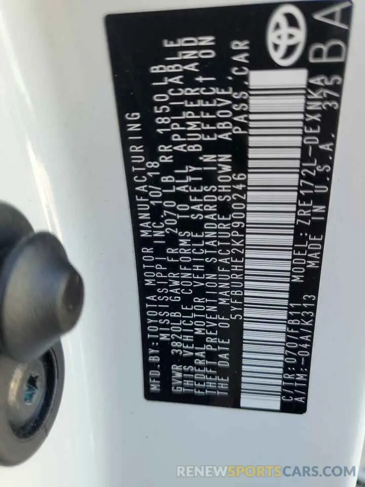 12 Photograph of a damaged car 5YFBURHE2KP900246 TOYOTA COROLLA 2019