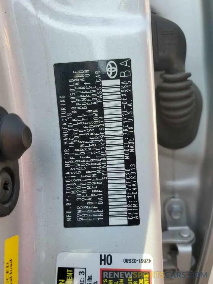 12 Photograph of a damaged car 5YFBURHE2KP905074 TOYOTA COROLLA 2019