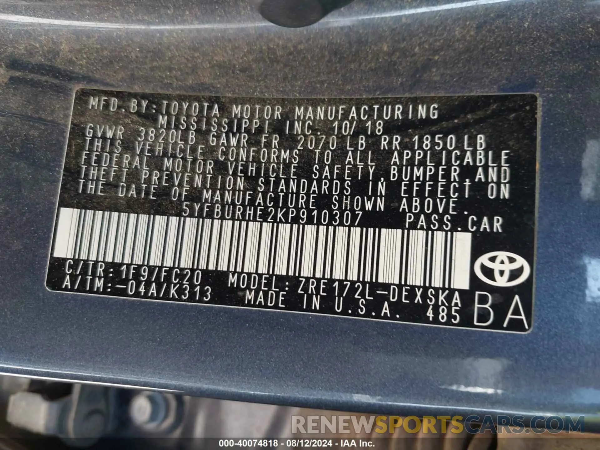 9 Photograph of a damaged car 5YFBURHE2KP910307 TOYOTA COROLLA 2019