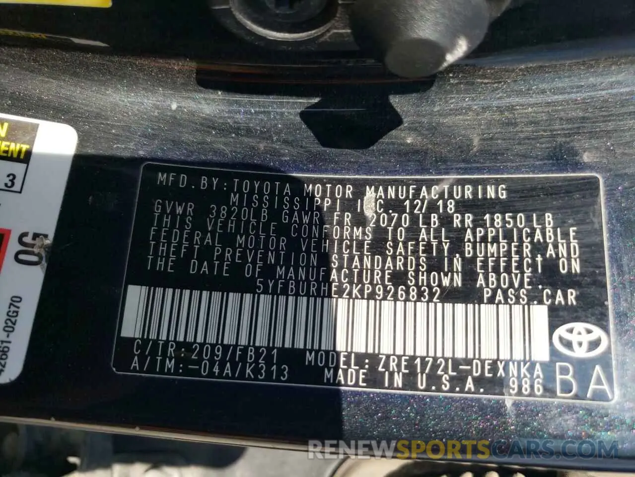 12 Photograph of a damaged car 5YFBURHE2KP926832 TOYOTA COROLLA 2019
