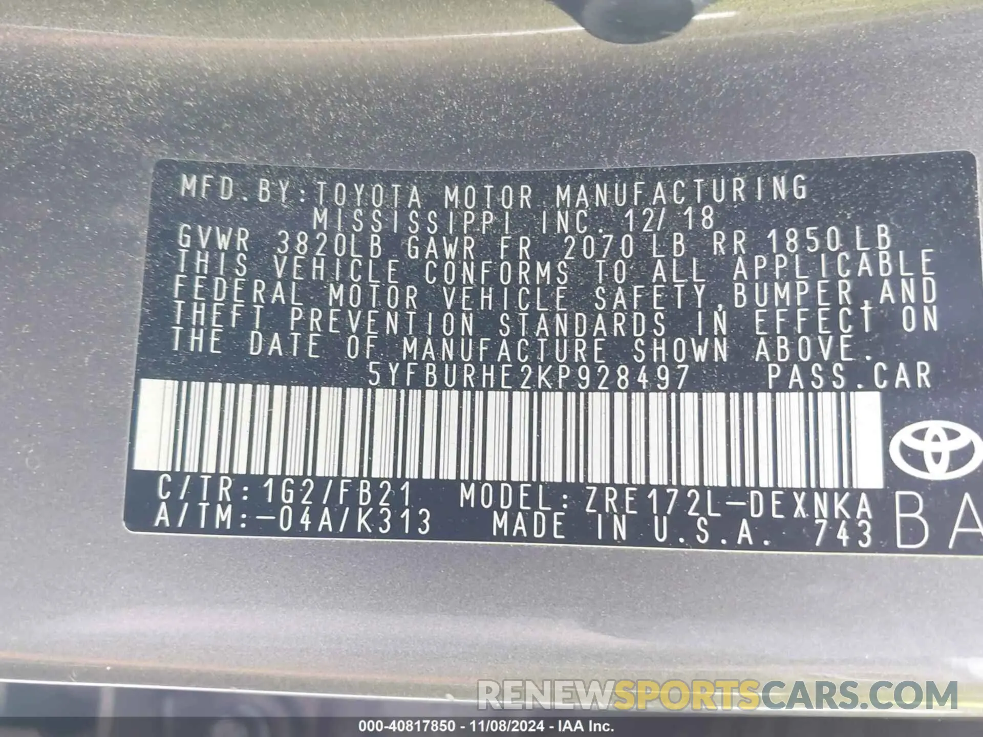 9 Photograph of a damaged car 5YFBURHE2KP928497 TOYOTA COROLLA 2019