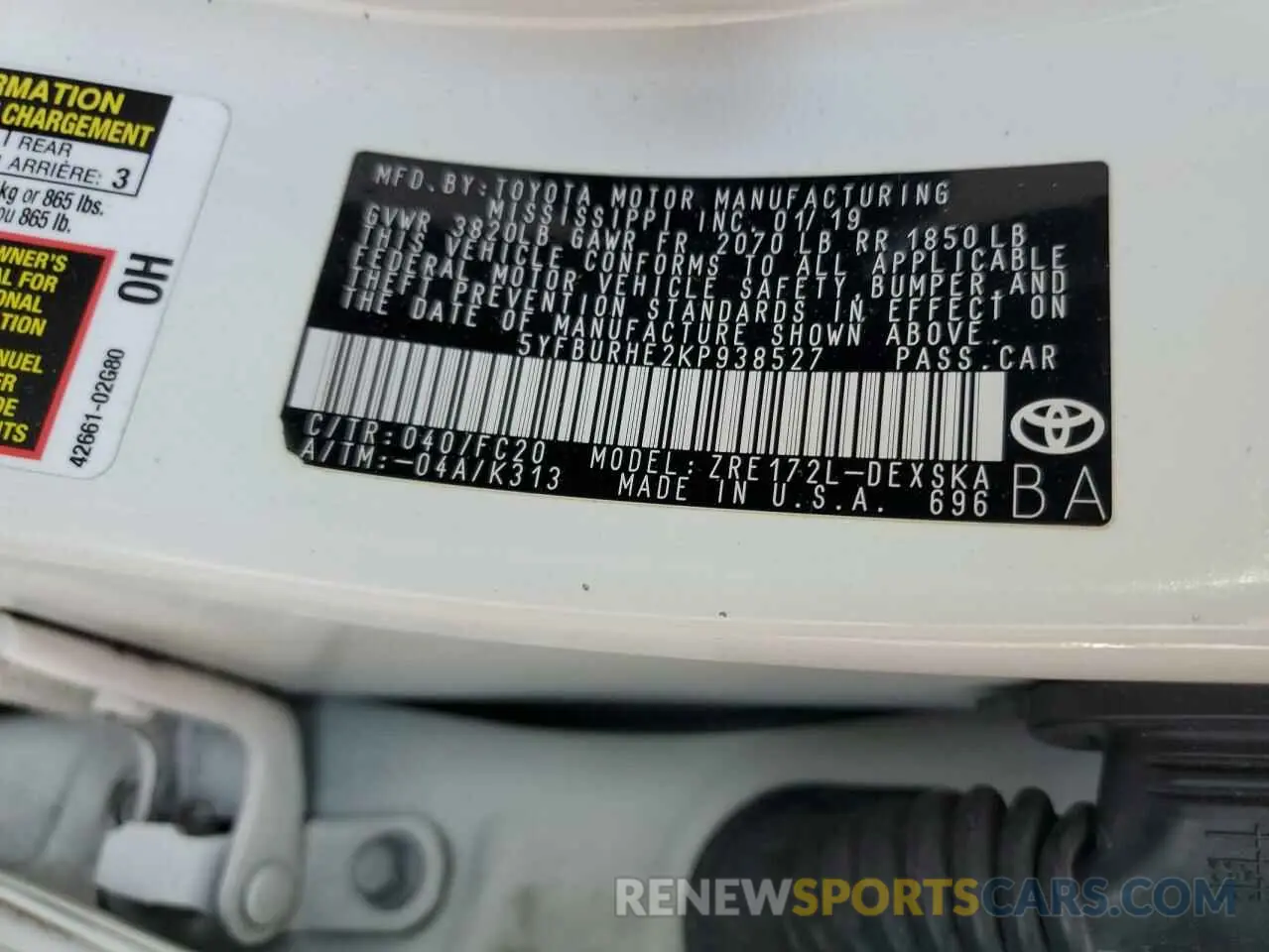 12 Photograph of a damaged car 5YFBURHE2KP938527 TOYOTA COROLLA 2019