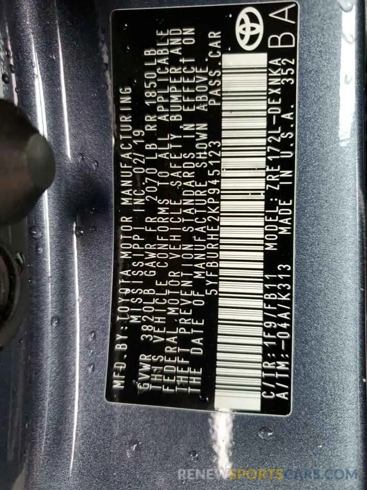 12 Photograph of a damaged car 5YFBURHE2KP945123 TOYOTA COROLLA 2019