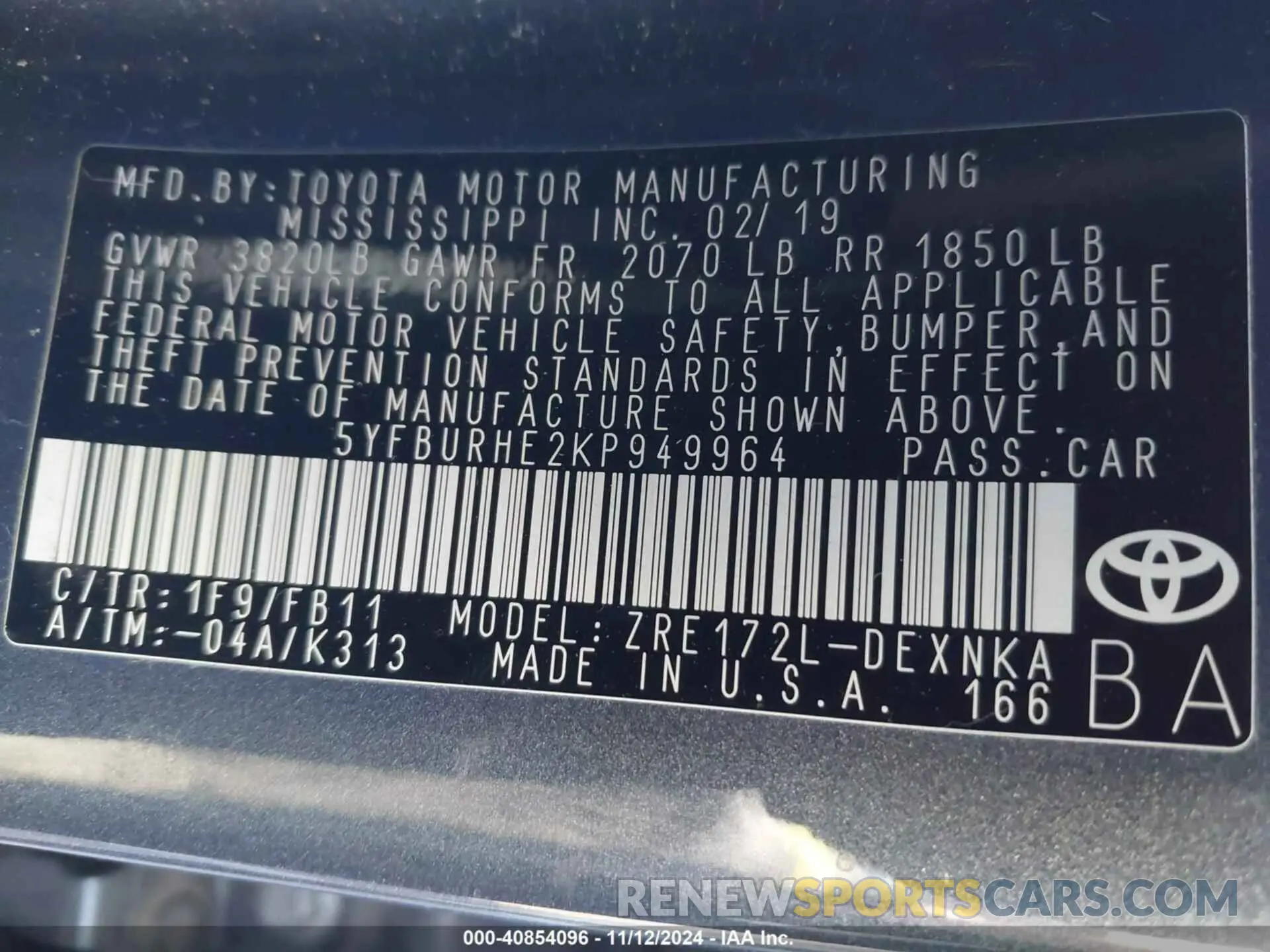 9 Photograph of a damaged car 5YFBURHE2KP949964 TOYOTA COROLLA 2019
