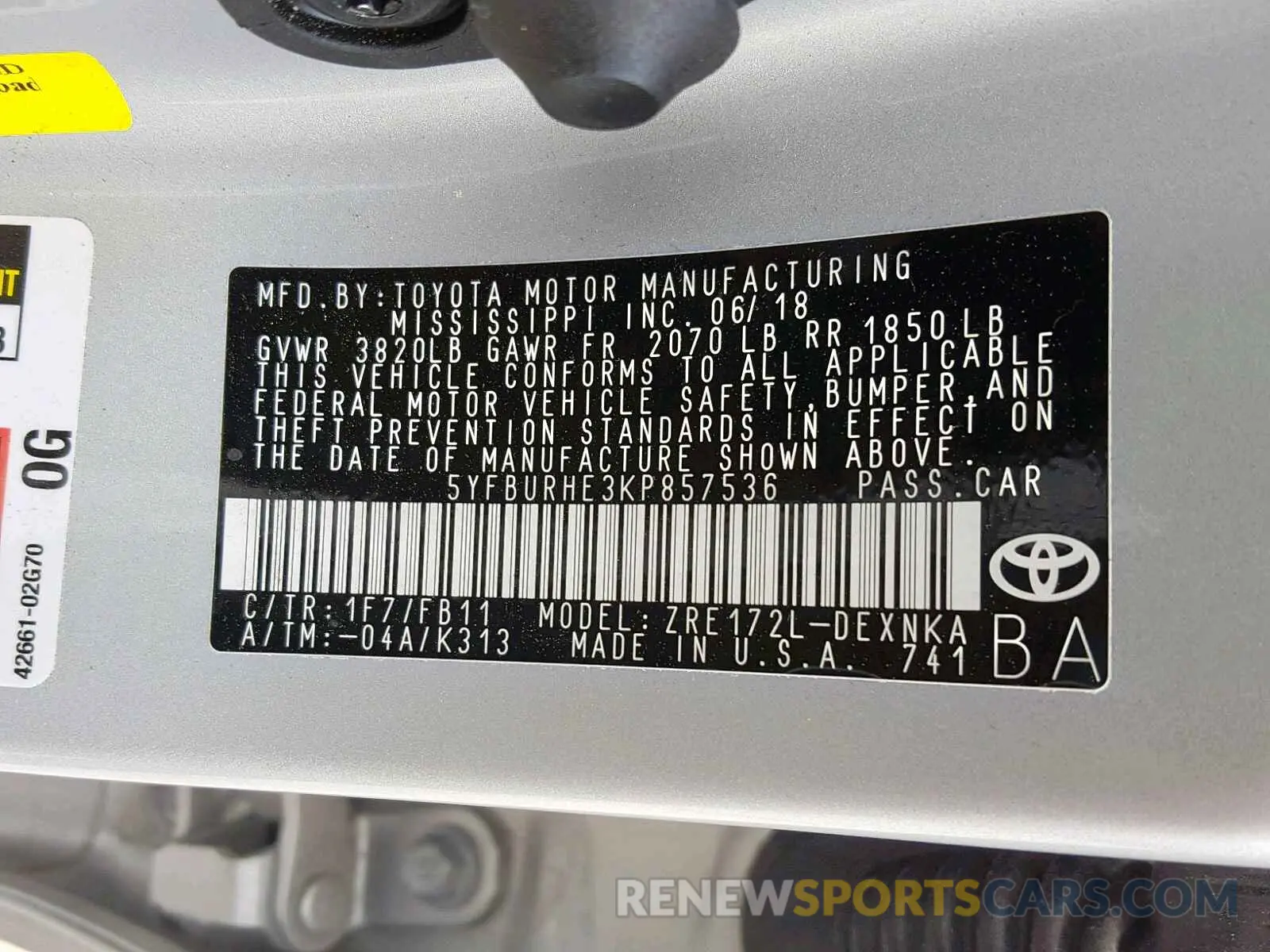 10 Photograph of a damaged car 5YFBURHE3KP857536 TOYOTA COROLLA 2019
