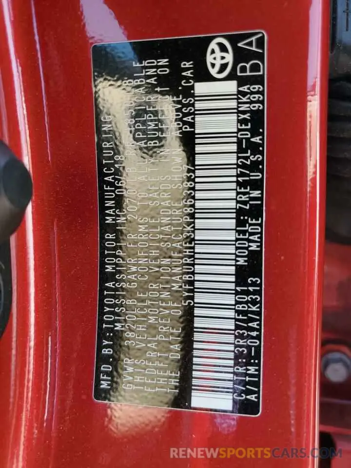 12 Photograph of a damaged car 5YFBURHE3KP863837 TOYOTA COROLLA 2019