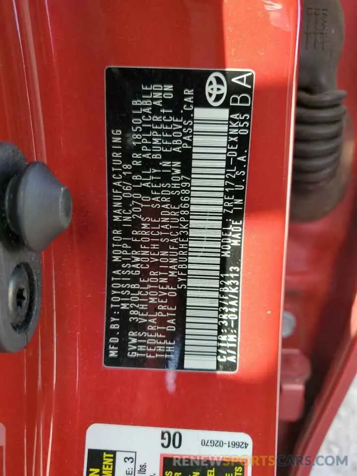 12 Photograph of a damaged car 5YFBURHE3KP866897 TOYOTA COROLLA 2019