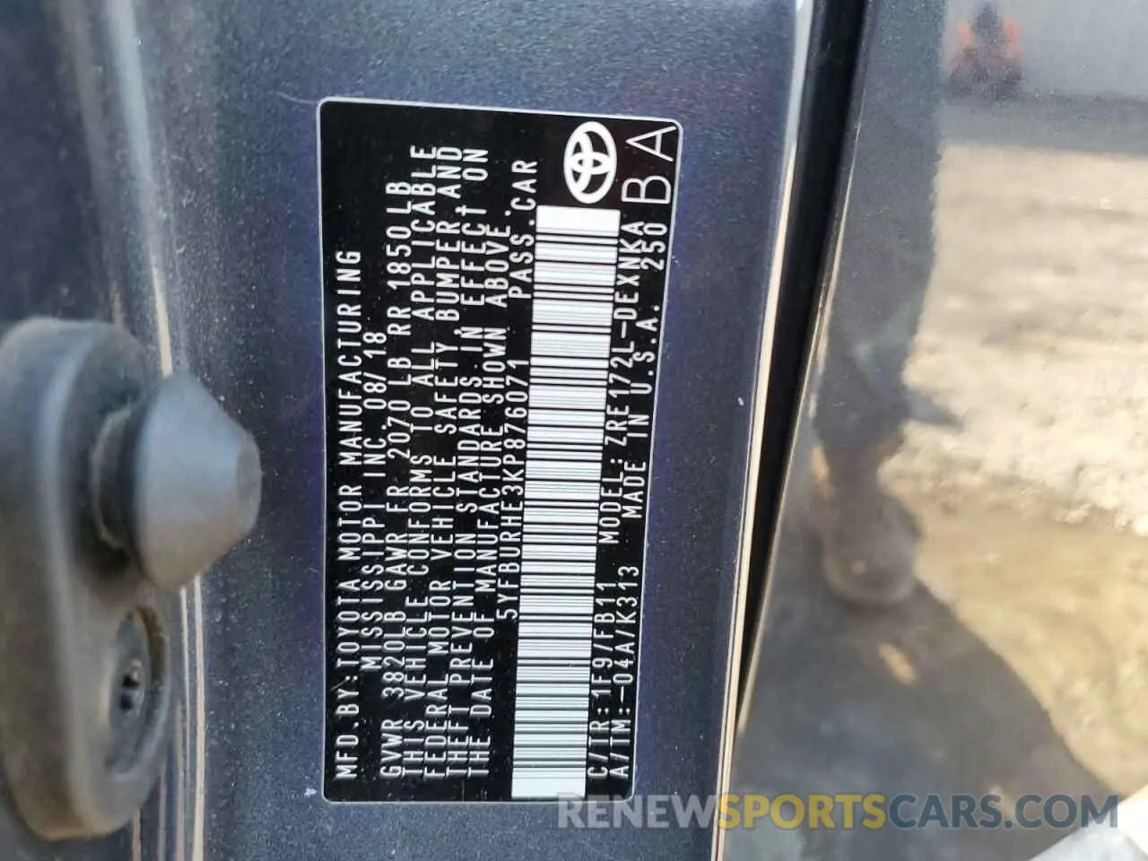 12 Photograph of a damaged car 5YFBURHE3KP876071 TOYOTA COROLLA 2019
