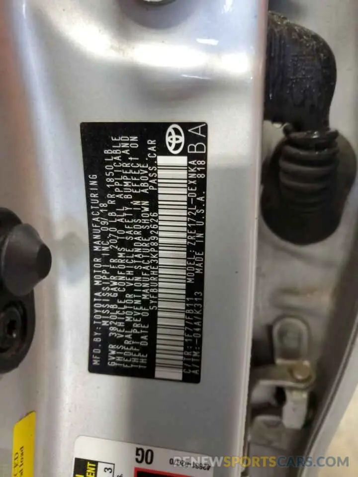 13 Photograph of a damaged car 5YFBURHE3KP892626 TOYOTA COROLLA 2019