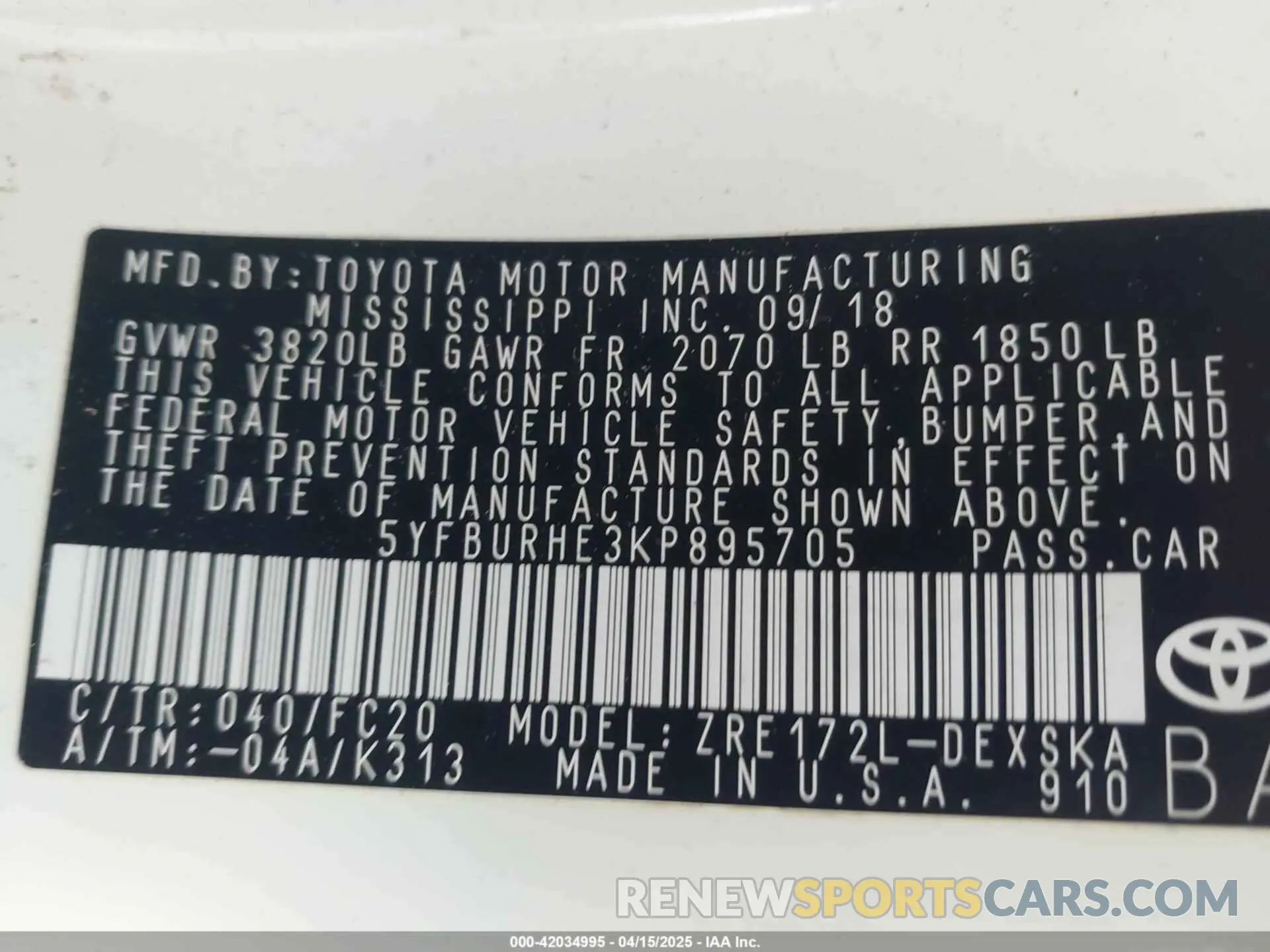 9 Photograph of a damaged car 5YFBURHE3KP895705 TOYOTA COROLLA 2019