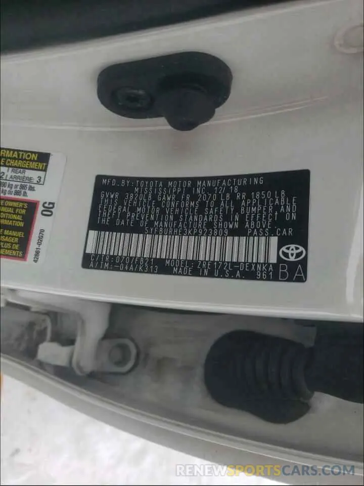 10 Photograph of a damaged car 5YFBURHE3KP923809 TOYOTA COROLLA 2019