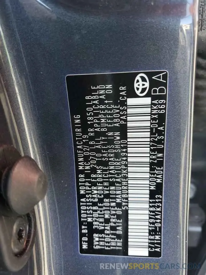 13 Photograph of a damaged car 5YFBURHE3KP949410 TOYOTA COROLLA 2019