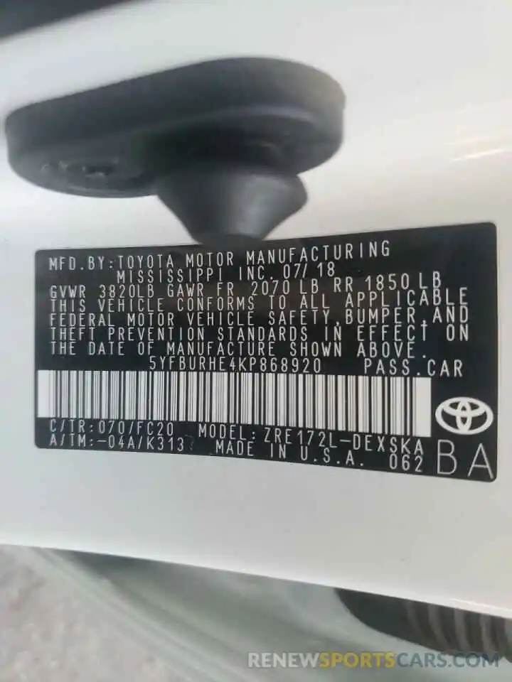 10 Photograph of a damaged car 5YFBURHE4KP868920 TOYOTA COROLLA 2019