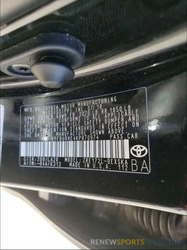 10 Photograph of a damaged car 5YFBURHE4KP870974 TOYOTA COROLLA 2019