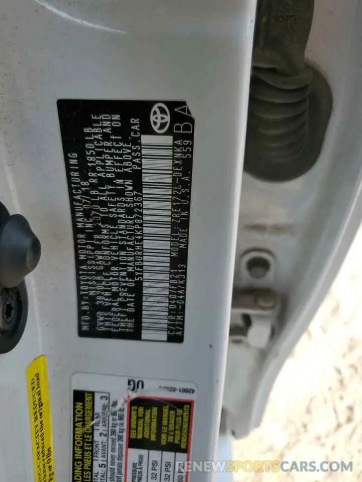 12 Photograph of a damaged car 5YFBURHE4KP872367 TOYOTA COROLLA 2019