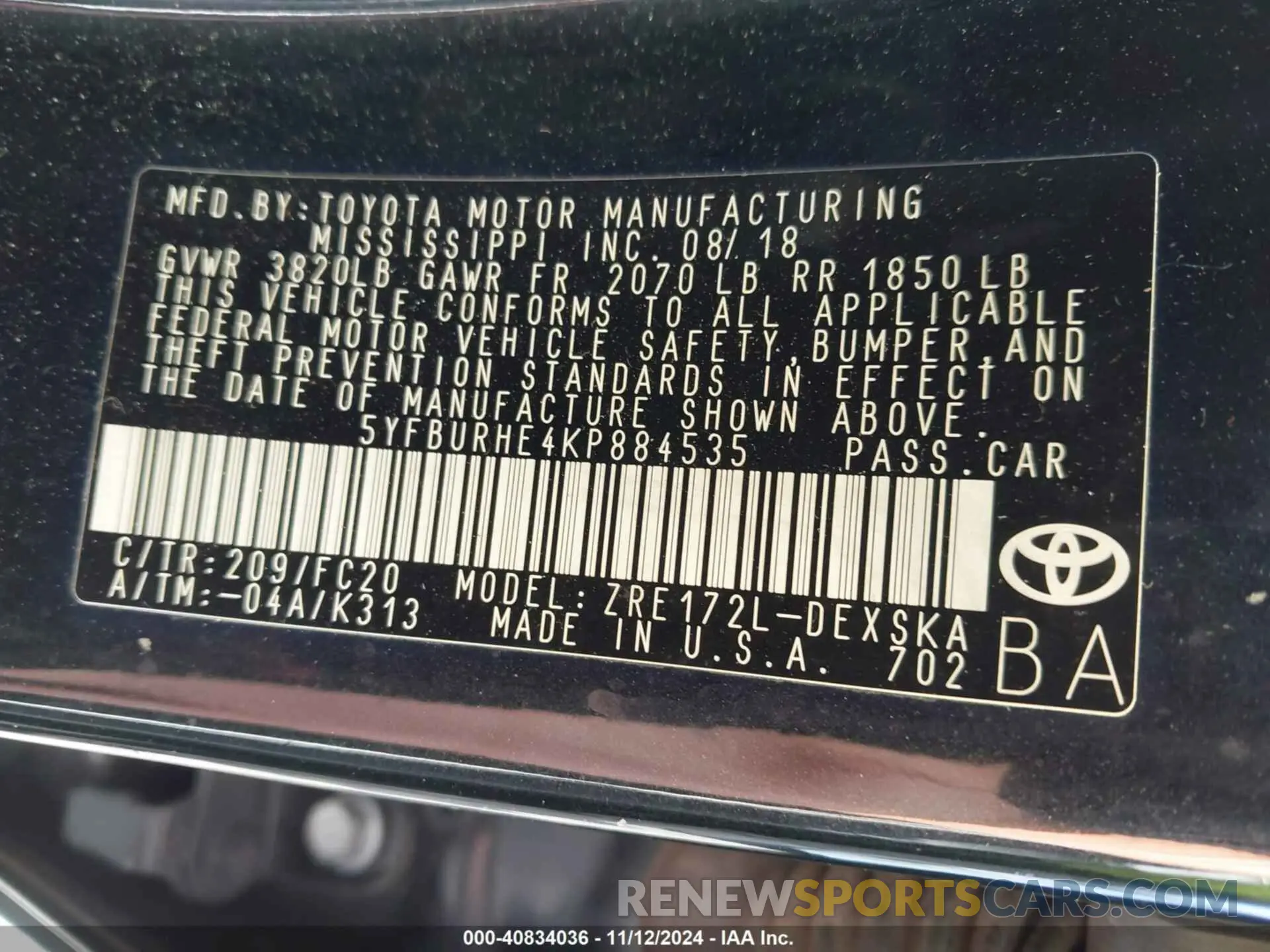 9 Photograph of a damaged car 5YFBURHE4KP884535 TOYOTA COROLLA 2019
