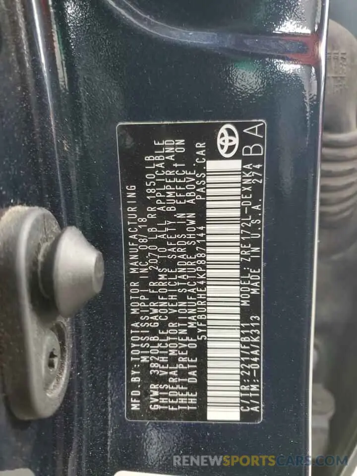12 Photograph of a damaged car 5YFBURHE4KP887144 TOYOTA COROLLA 2019