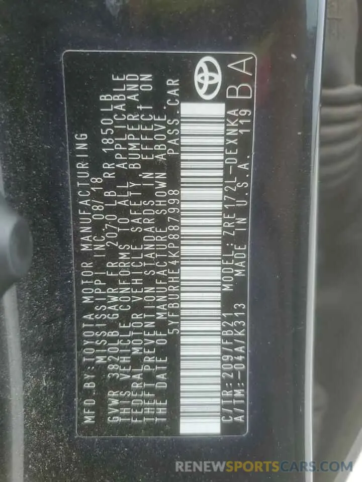 12 Photograph of a damaged car 5YFBURHE4KP887998 TOYOTA COROLLA 2019