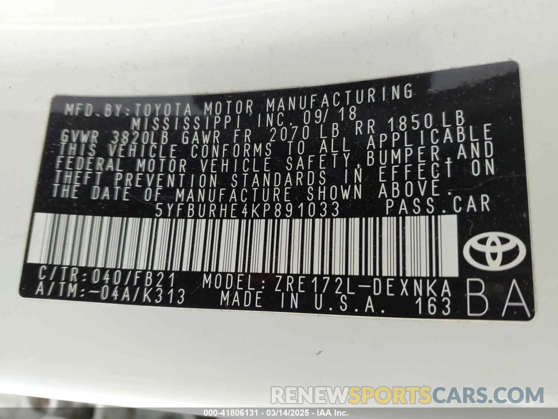 9 Photograph of a damaged car 5YFBURHE4KP891033 TOYOTA COROLLA 2019