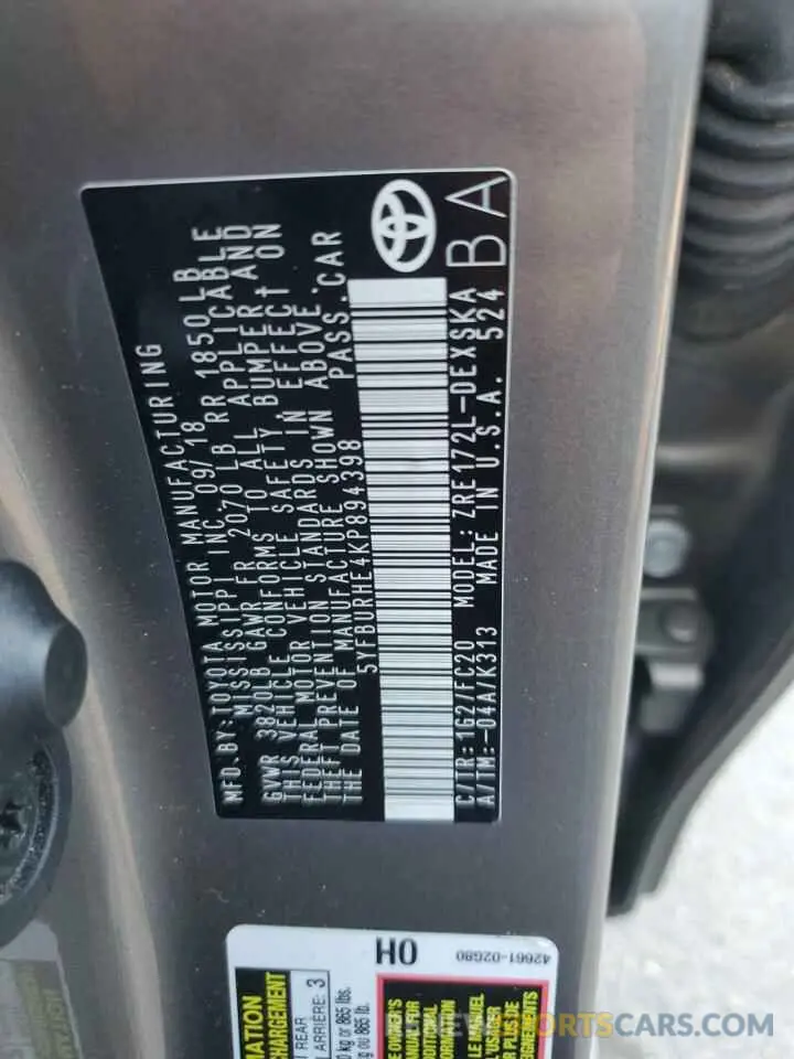 13 Photograph of a damaged car 5YFBURHE4KP894398 TOYOTA COROLLA 2019