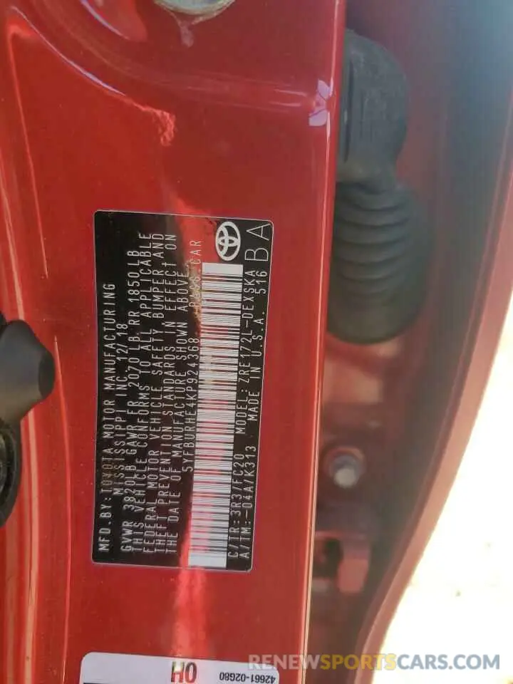 12 Photograph of a damaged car 5YFBURHE4KP924368 TOYOTA COROLLA 2019