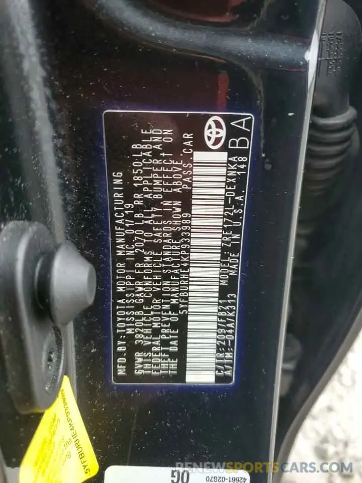 12 Photograph of a damaged car 5YFBURHE4KP933989 TOYOTA COROLLA 2019