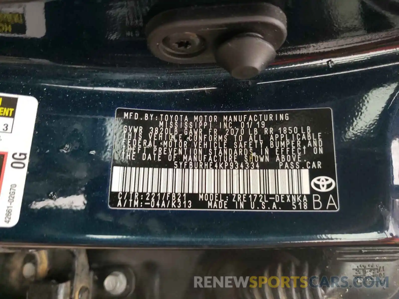 10 Photograph of a damaged car 5YFBURHE4KP934334 TOYOTA COROLLA 2019